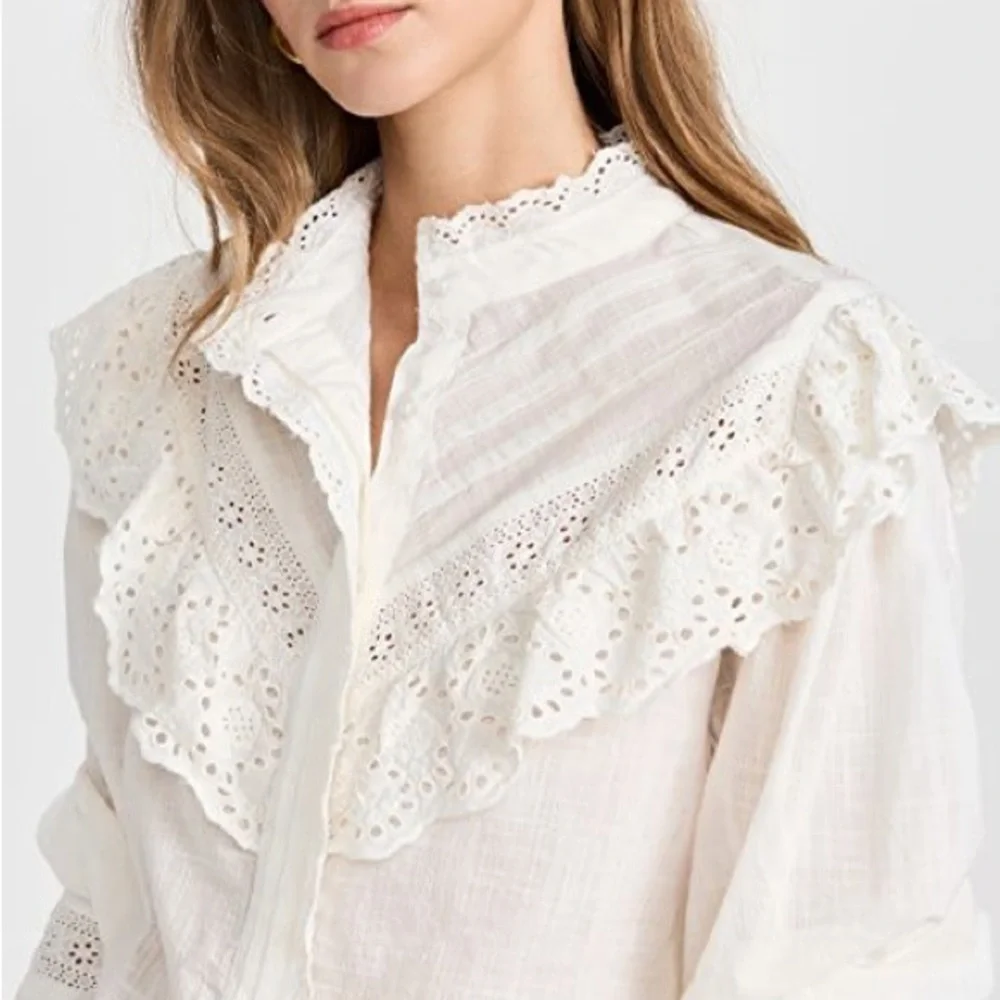 FREE PEOPLE Hit The Road Buttondown White Ruffled Long Sleeve Blouse Size Small - Picture 6 of 16